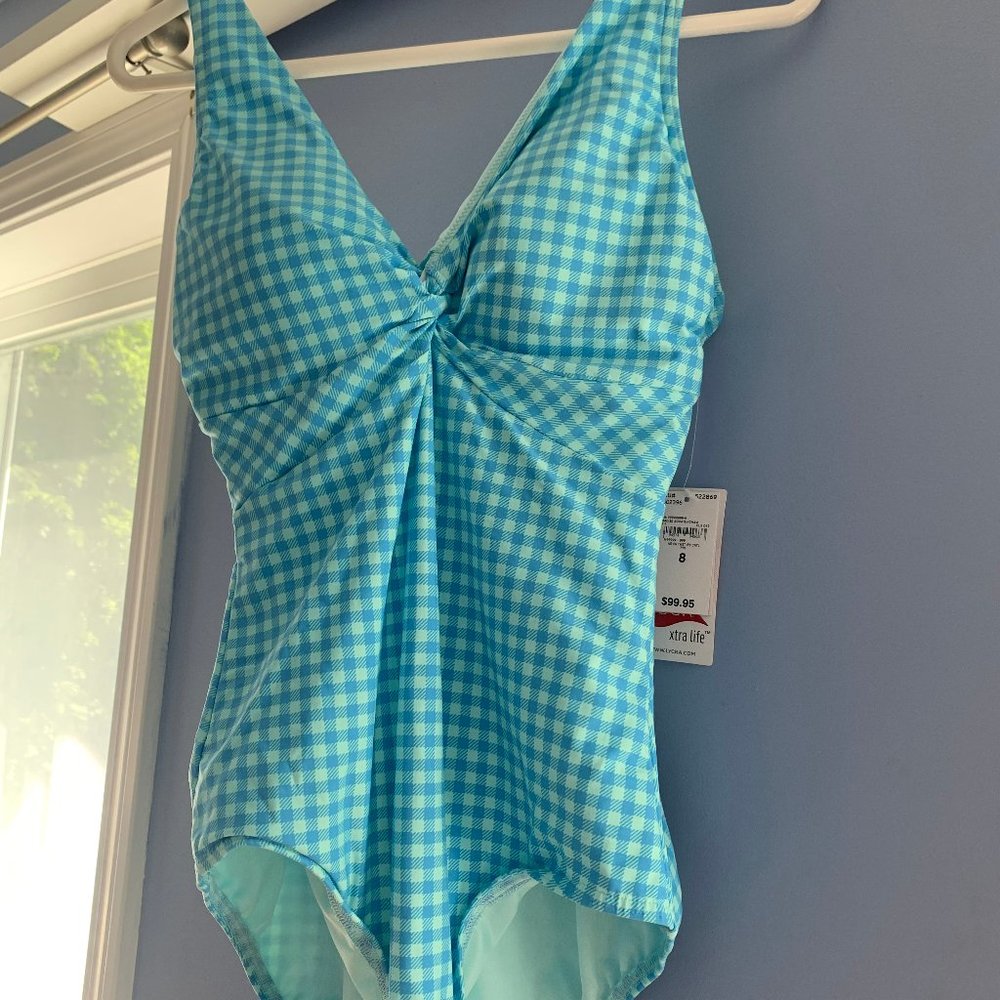 NWT Lands' End Women's Twist Front One Piece Swimsuit in Aqua Gingham, size 8